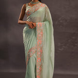 Pistachio Green Organza Embroidery Saree With Floral Border