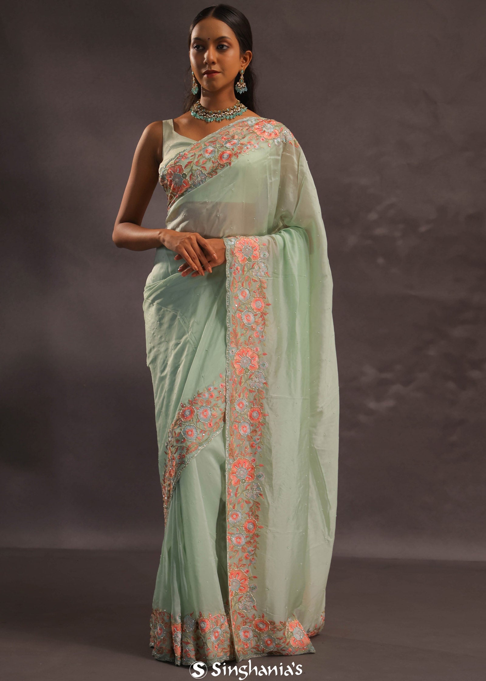 Pistachio Green Organza Embroidery Saree With Floral Border