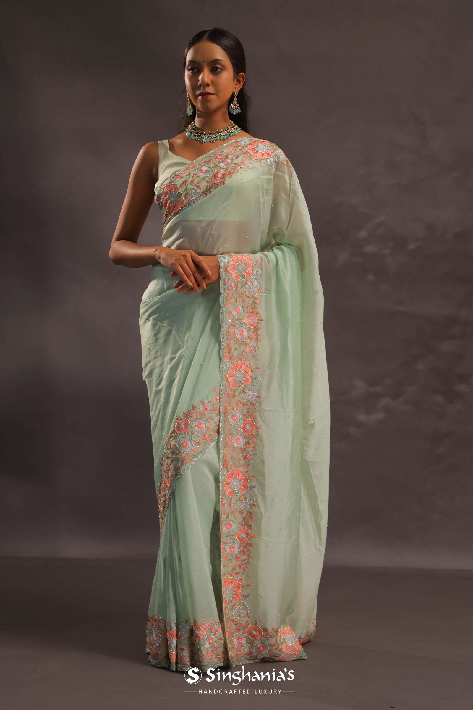 Pistachio Green Organza Embroidery Saree With Floral Border