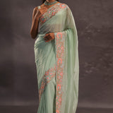Pistachio Green Organza Embroidery Saree With Floral Border
