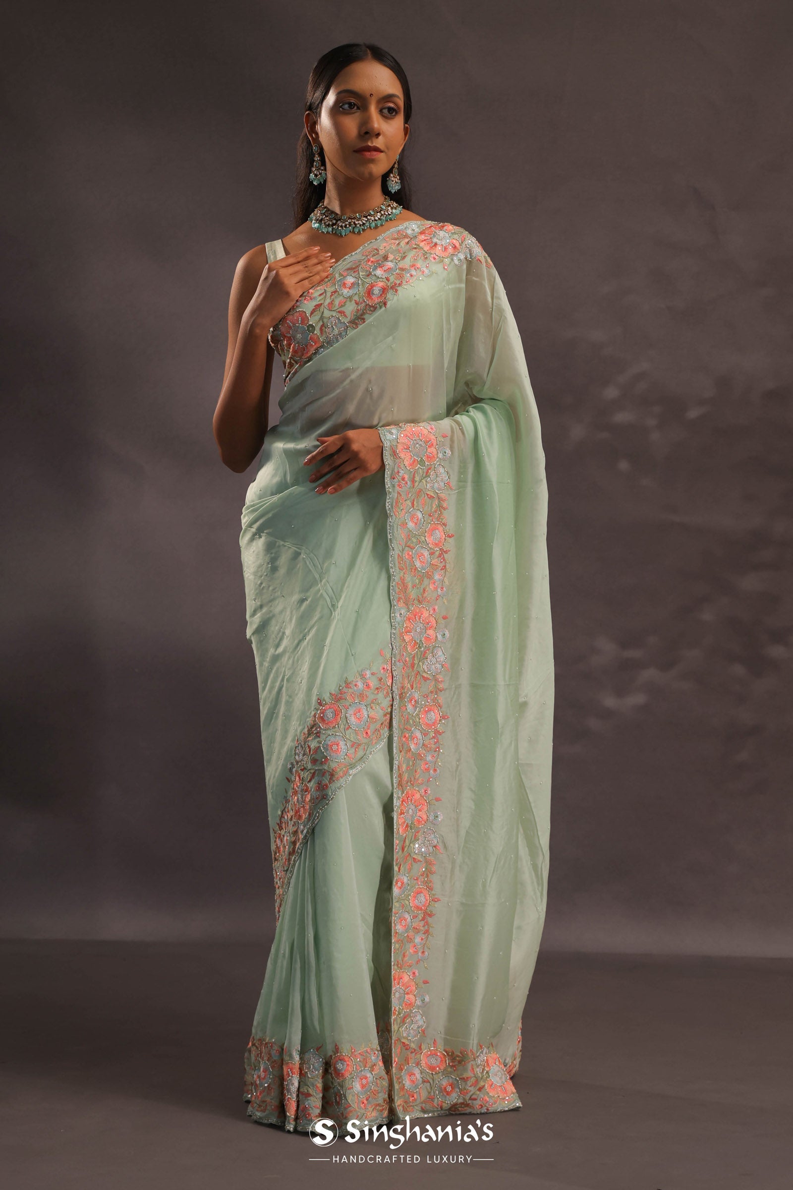 Pistachio Green Organza Embroidery Saree With Floral Border