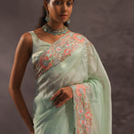 Pistachio Green Organza Embroidery Saree With Floral Border