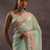 Pistachio Green Organza Embroidery Saree With Floral Border