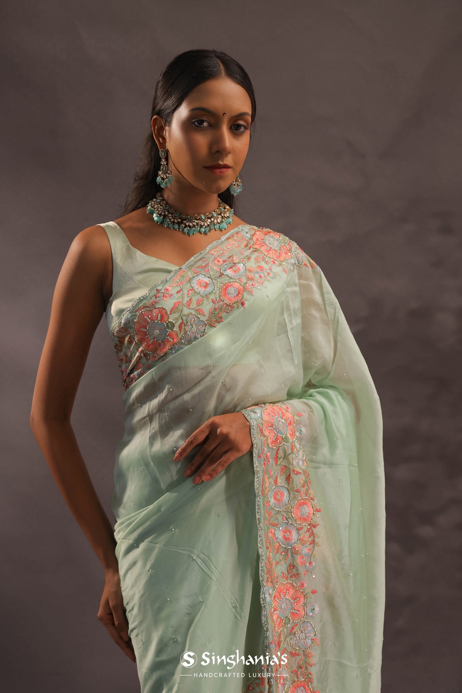 Pistachio Green Organza Embroidery Saree With Floral Border