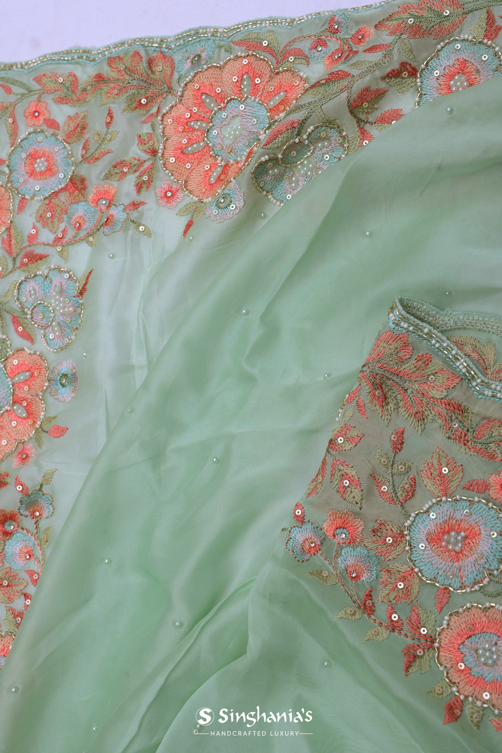 Pistachio Green Organza Embroidery Saree With Floral Border