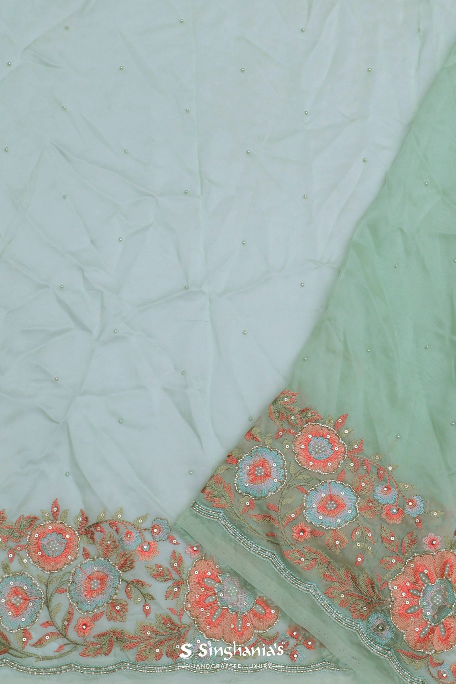 Pistachio Green Organza Embroidery Saree With Floral Border