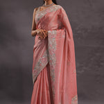 Salmon Pink Organza Embroidery Saree With Pearls And Sequins Detailing