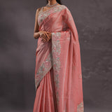 Salmon Pink Organza Embroidery Saree With Pearls And Sequins Detailing