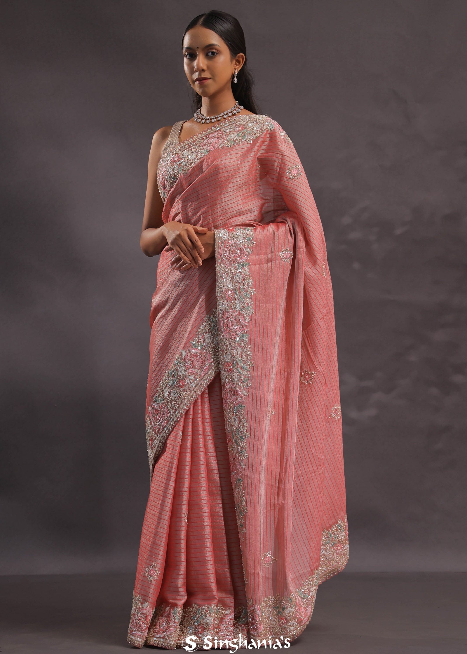 Salmon Pink Organza Embroidery Saree With Pearls And Sequins Detailing