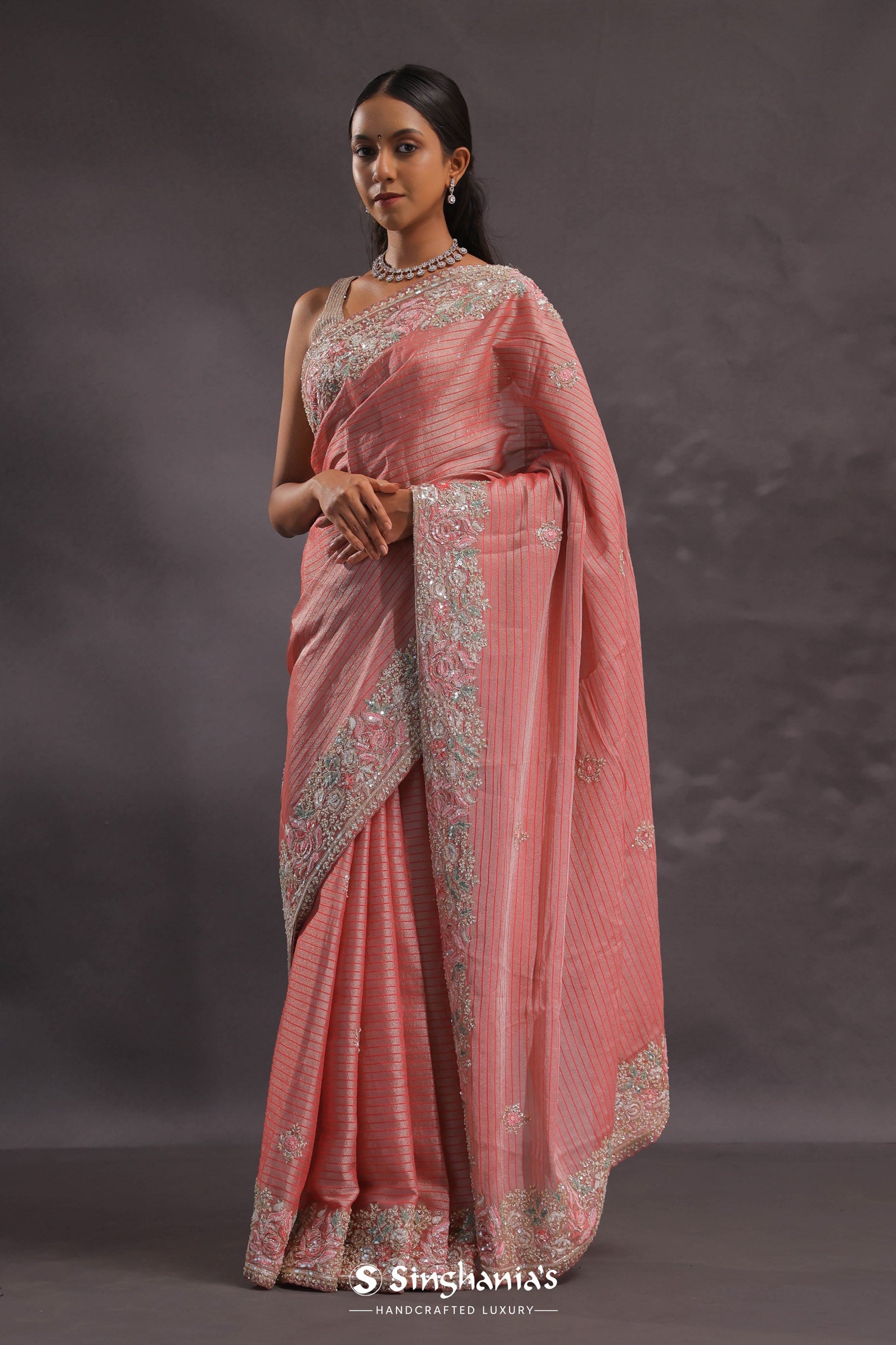 Salmon Pink Organza Embroidery Saree With Pearls And Sequins Detailing
