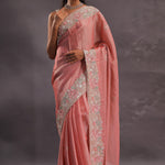 Salmon Pink Organza Embroidery Saree With Pearls And Sequins Detailing