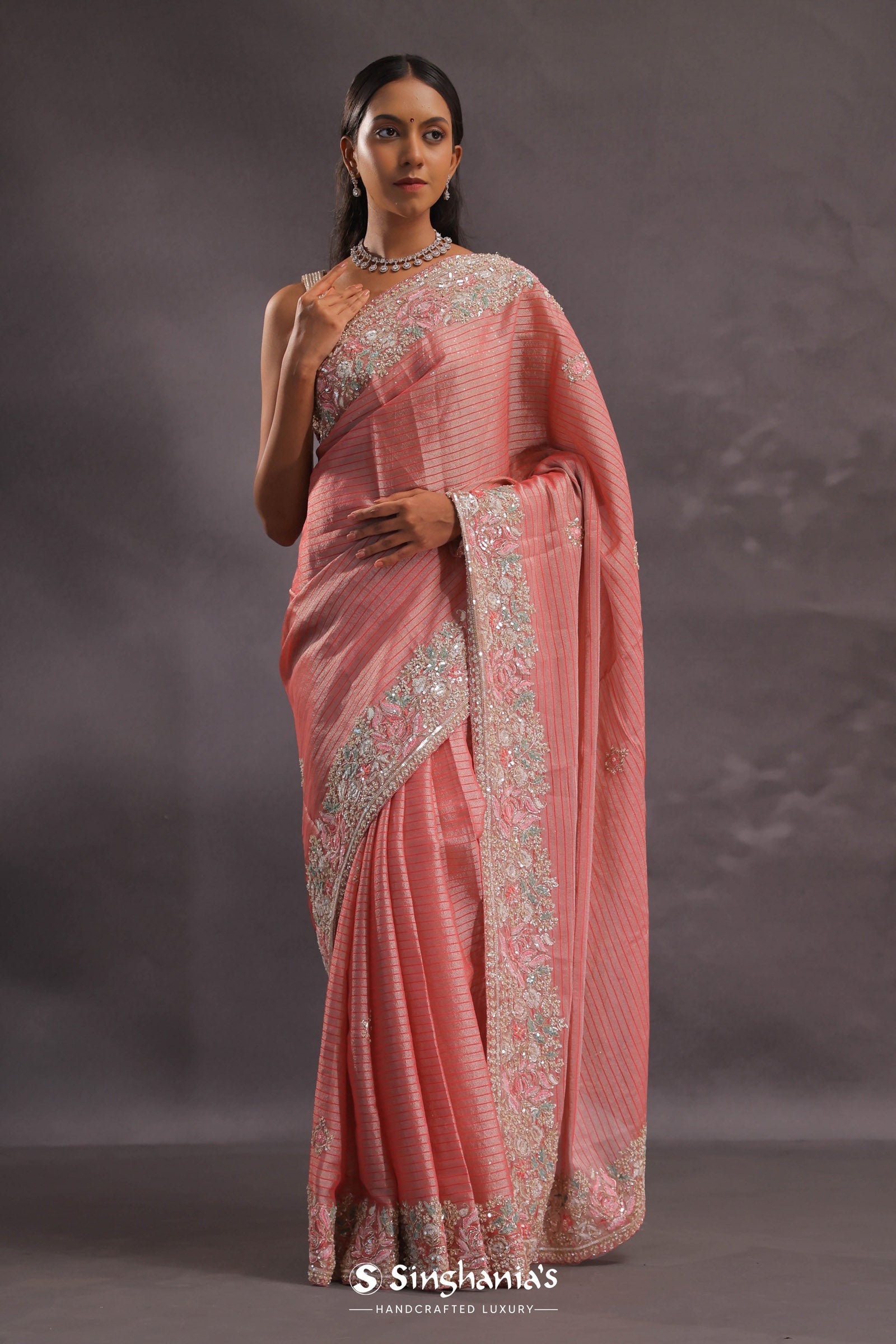 Salmon Pink Organza Embroidery Saree With Pearls And Sequins Detailing