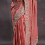 Salmon Pink Organza Embroidery Saree With Pearls And Sequins Detailing