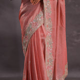 Salmon Pink Organza Embroidery Saree With Pearls And Sequins Detailing