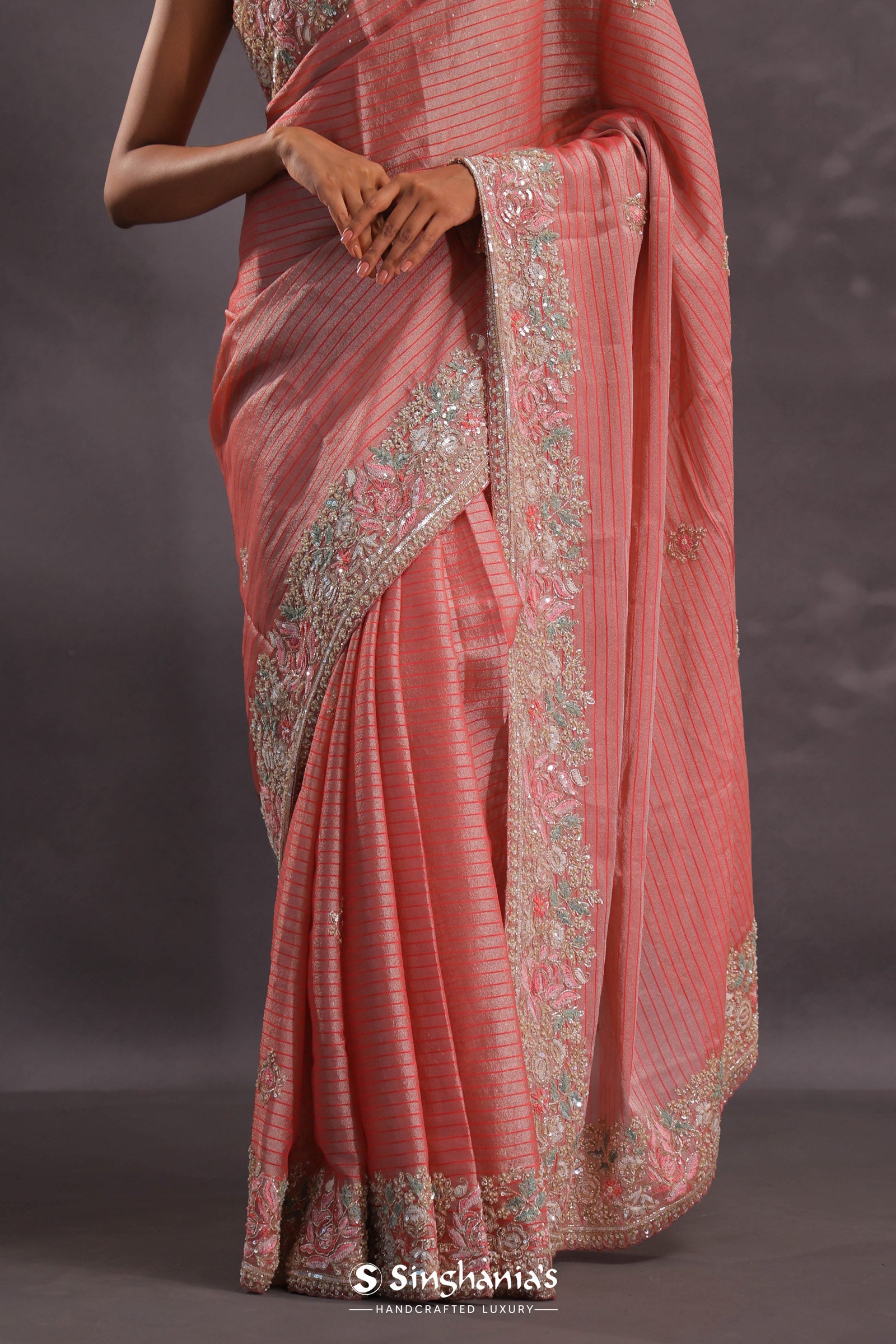 Salmon Pink Organza Embroidery Saree With Pearls And Sequins Detailing
