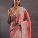 Salmon Pink Organza Embroidery Saree With Pearls And Sequins Detailing