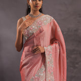 Salmon Pink Organza Embroidery Saree With Pearls And Sequins Detailing