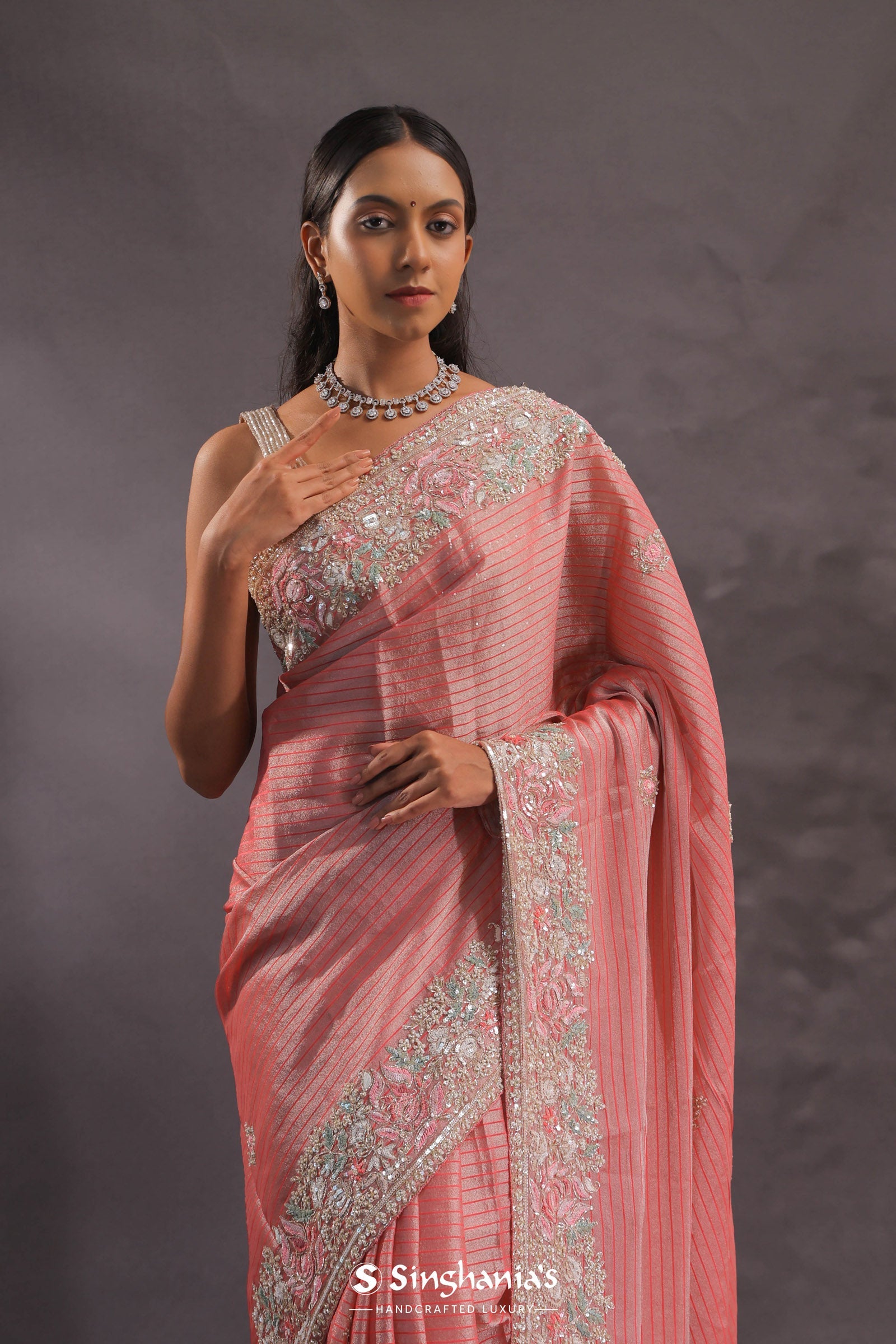 Salmon Pink Organza Embroidery Saree With Pearls And Sequins Detailing