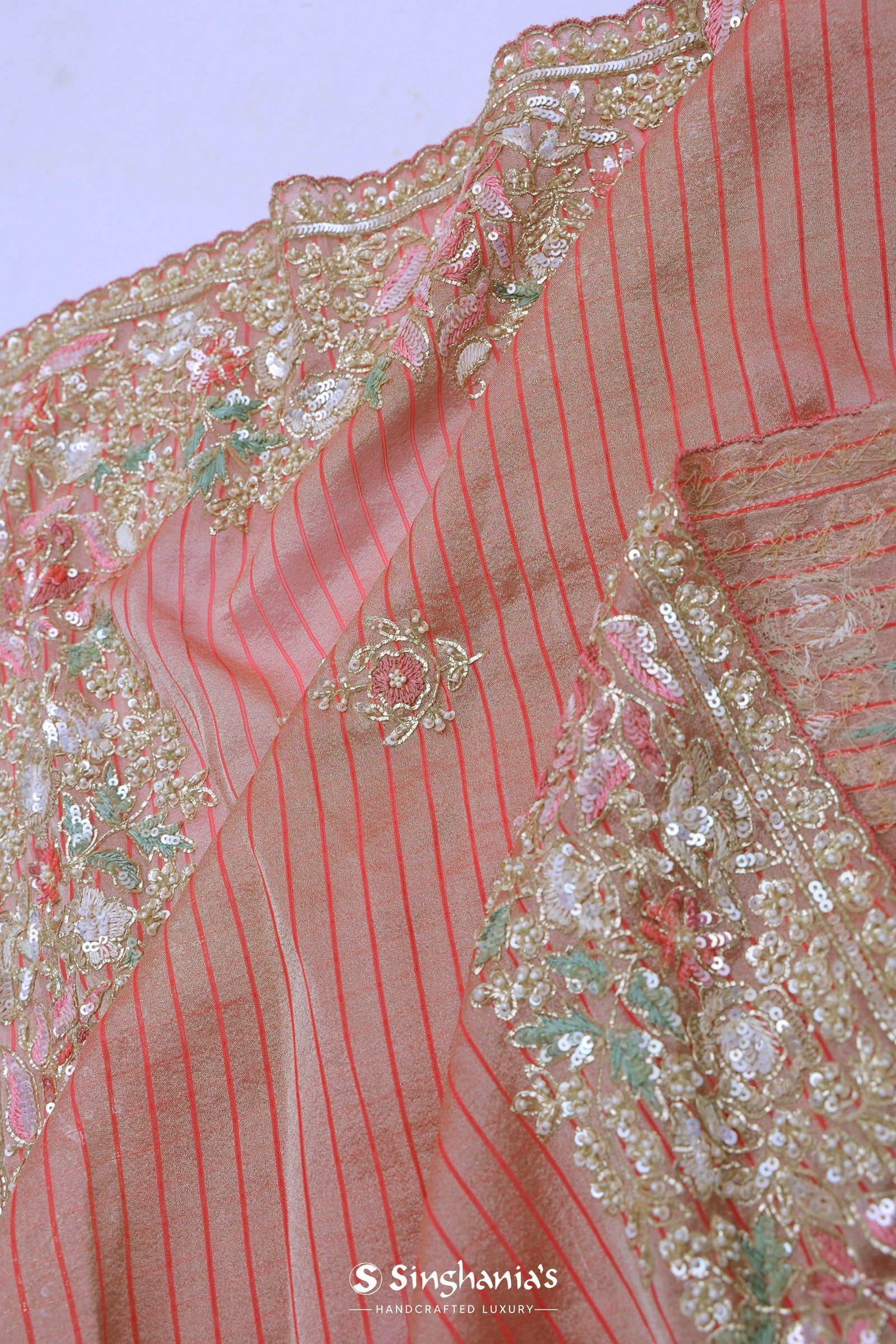Salmon Pink Organza Embroidery Saree With Pearls And Sequins Detailing