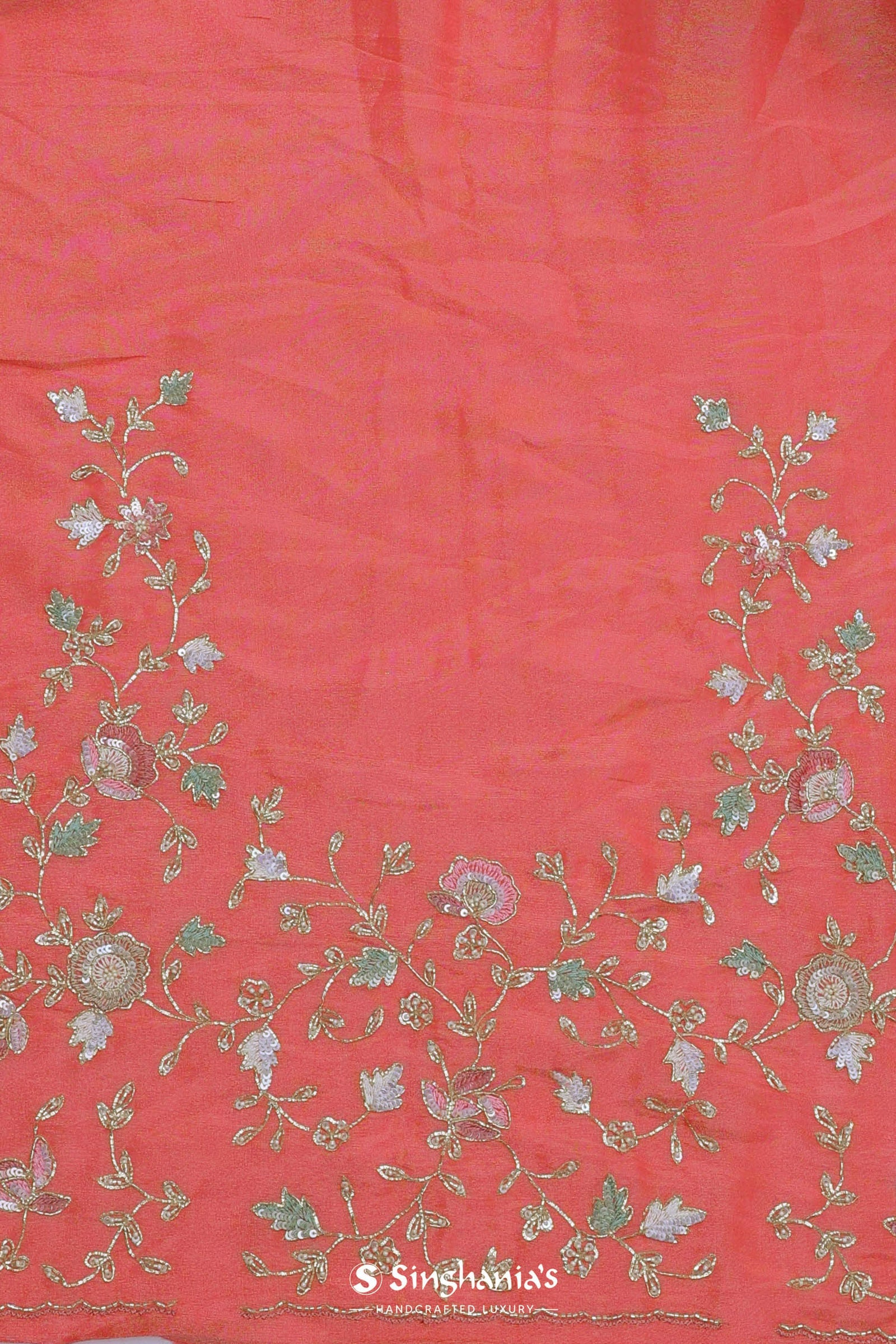 Salmon Pink Organza Embroidery Saree With Pearls And Sequins Detailing