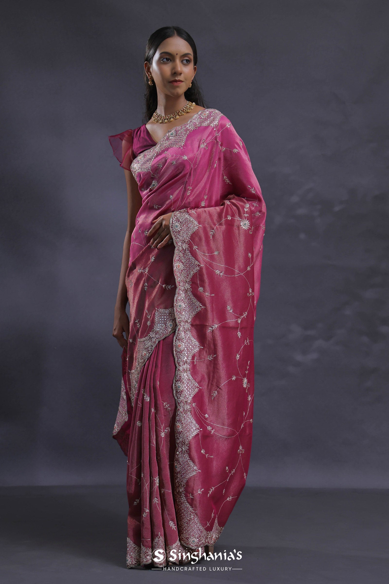 Dual Color Magenta Mulberry Organza Embroidery Saree