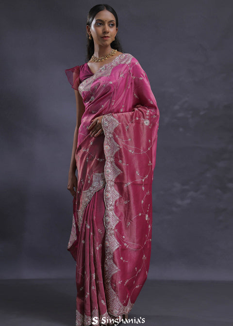 <img> Dual Color Magenta Mulberry Organza Embroidery Saree
