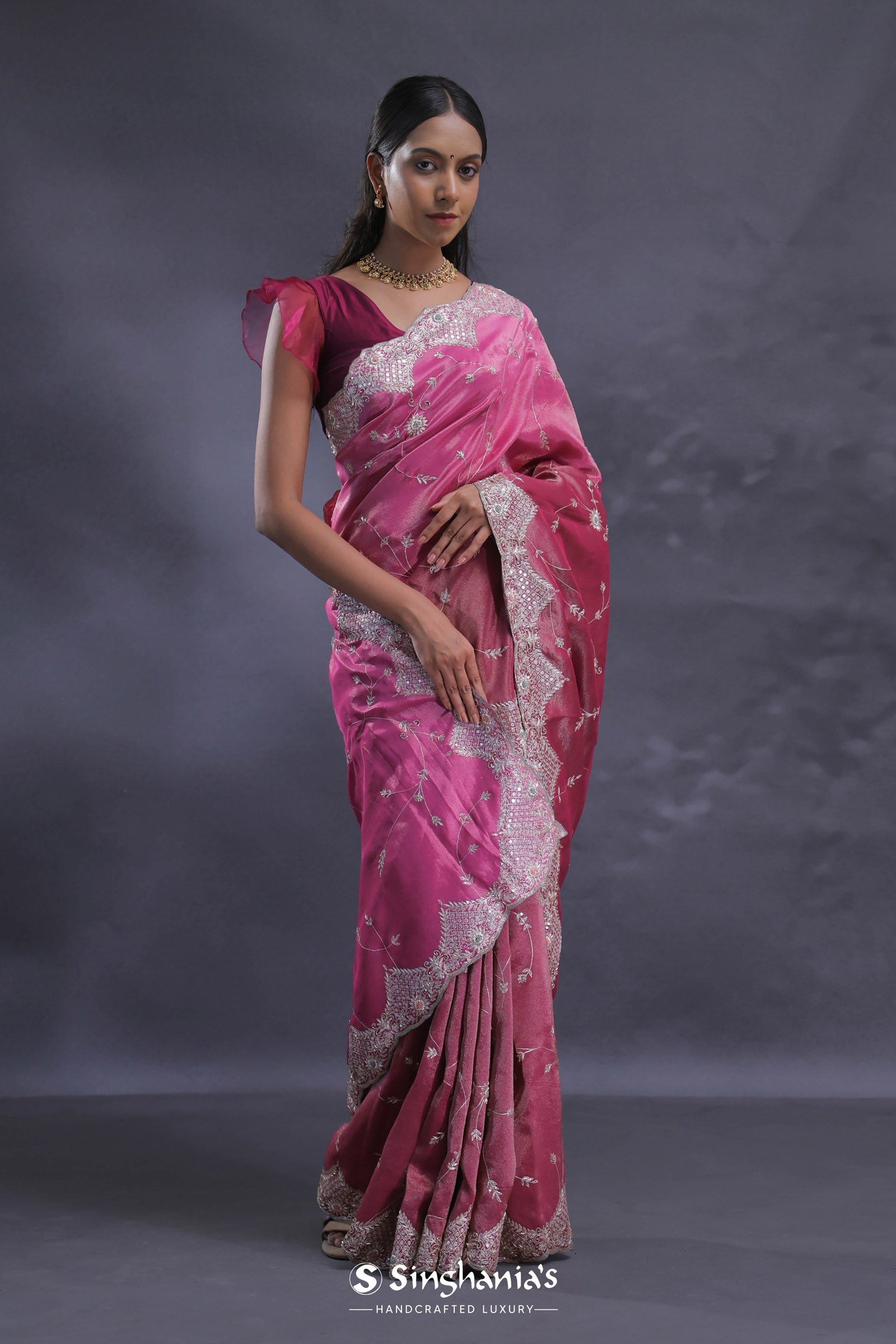 Dual Color Magenta Mulberry Organza Embroidery Saree
