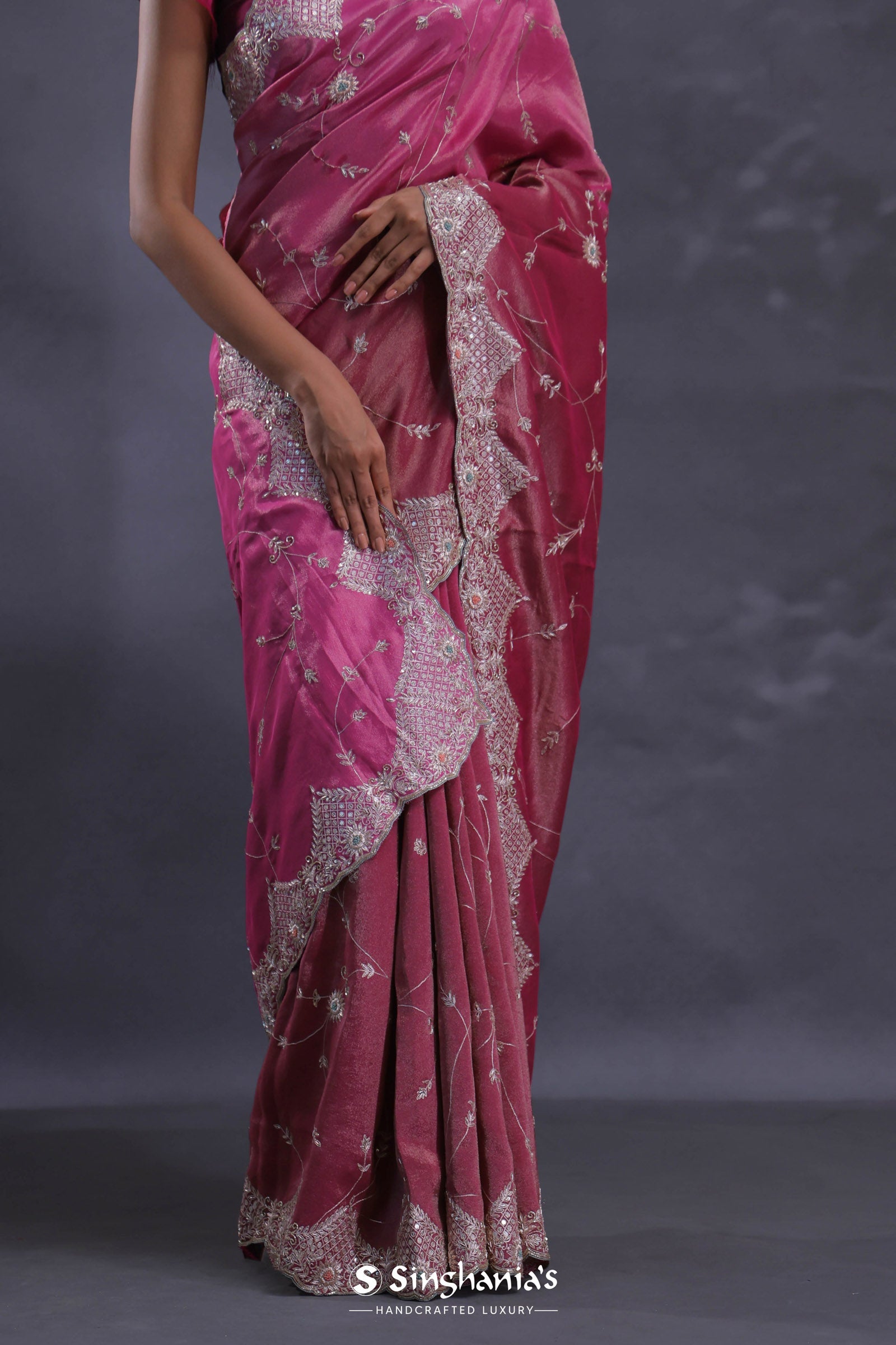 Dual Color Magenta Mulberry Organza Embroidery Saree