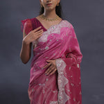 Dual Color Magenta Mulberry Organza Embroidery Saree