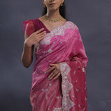 Dual Color Magenta Mulberry Organza Embroidery Saree
