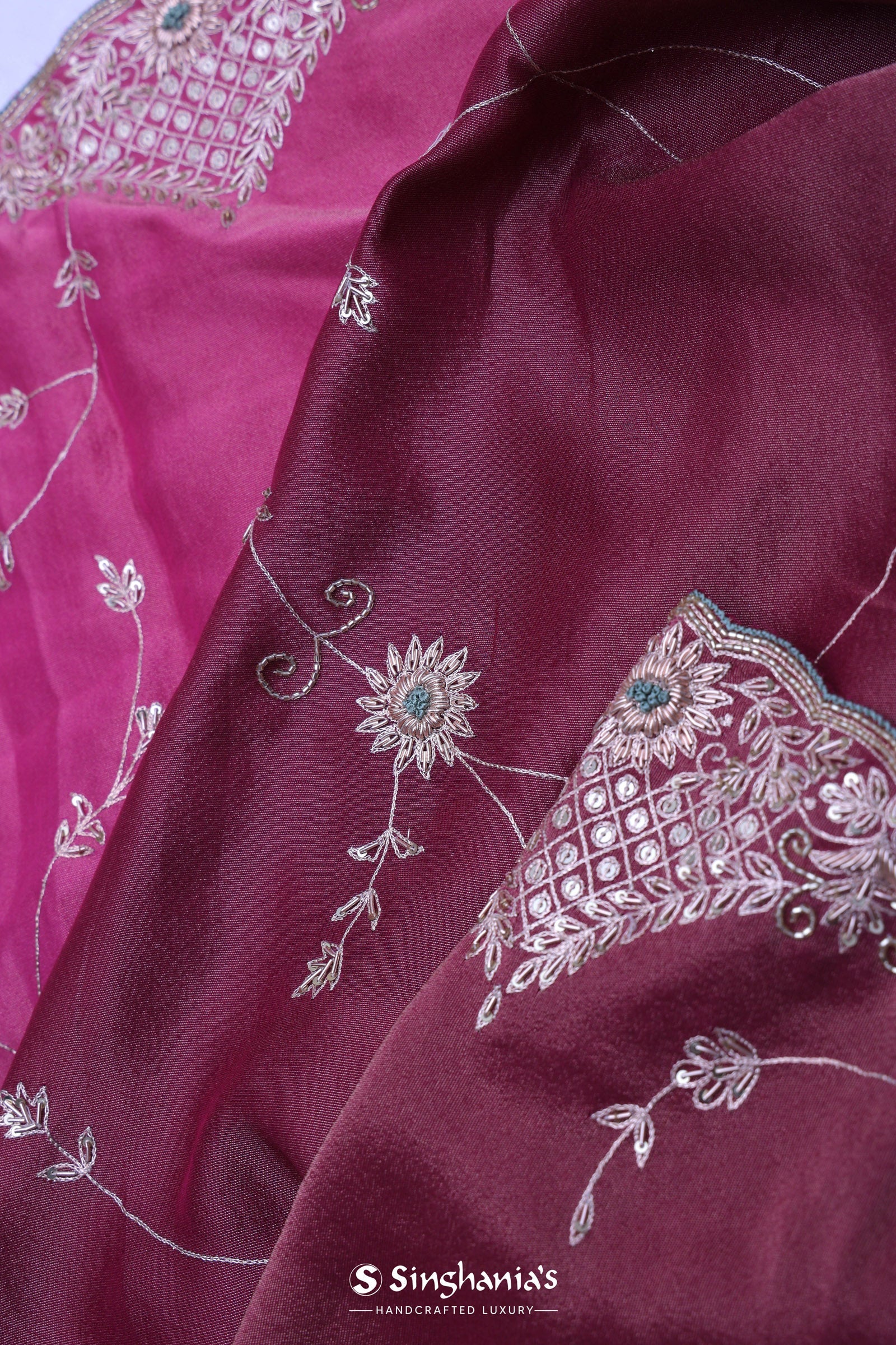 Dual Color Magenta Mulberry Organza Embroidery Saree