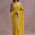 Bright Yellow Organza Embroidery Saree With Scallop Border