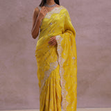 Bright Yellow Organza Embroidery Saree With Scallop Border