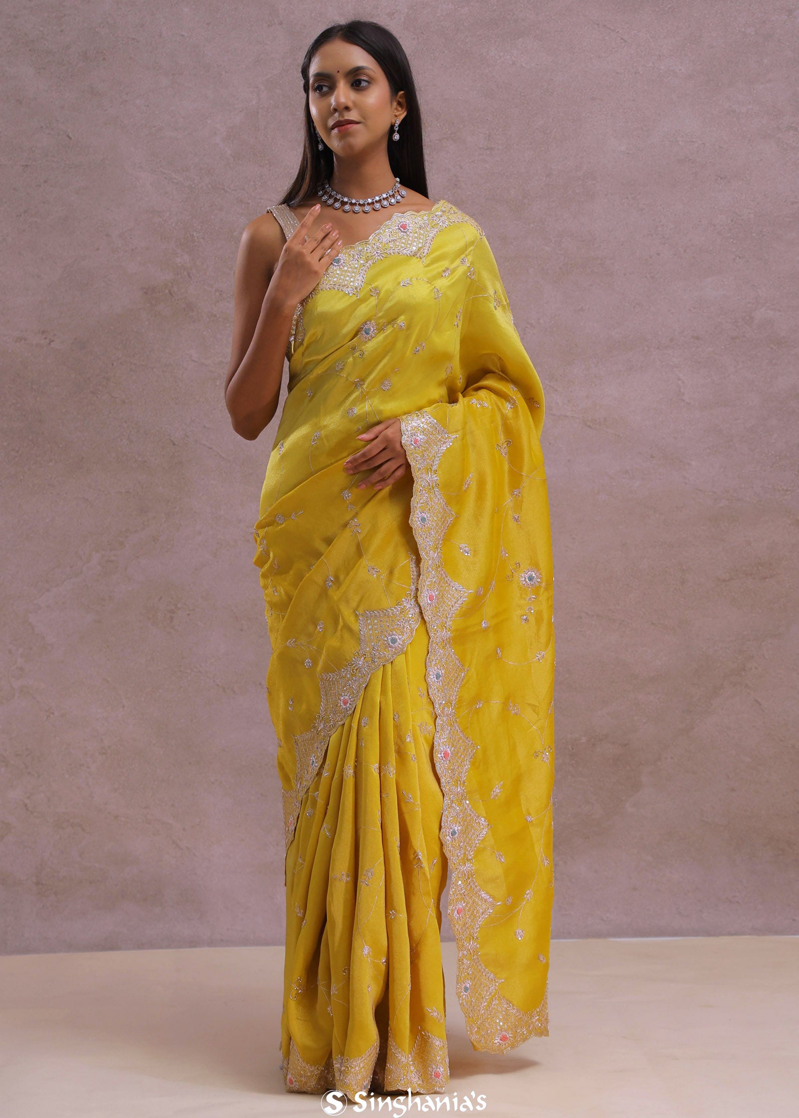 Bright Yellow Organza Embroidery Saree With Scallop Border