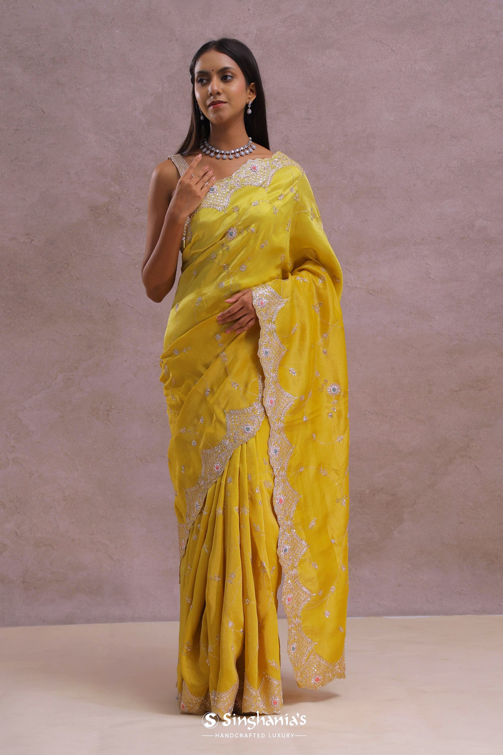 Bright Yellow Organza Embroidery Saree With Scallop Border