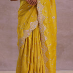 Bright Yellow Organza Embroidery Saree With Scallop Border