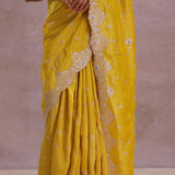 Bright Yellow Organza Embroidery Saree With Scallop Border