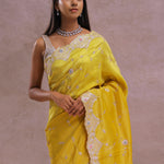Bright Yellow Organza Embroidery Saree With Scallop Border