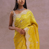 Bright Yellow Organza Embroidery Saree With Scallop Border