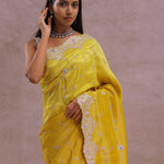 Bright Yellow Organza Embroidery Saree With Scallop Border