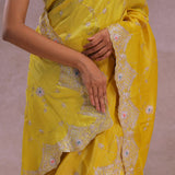 Bright Yellow Organza Embroidery Saree With Scallop Border