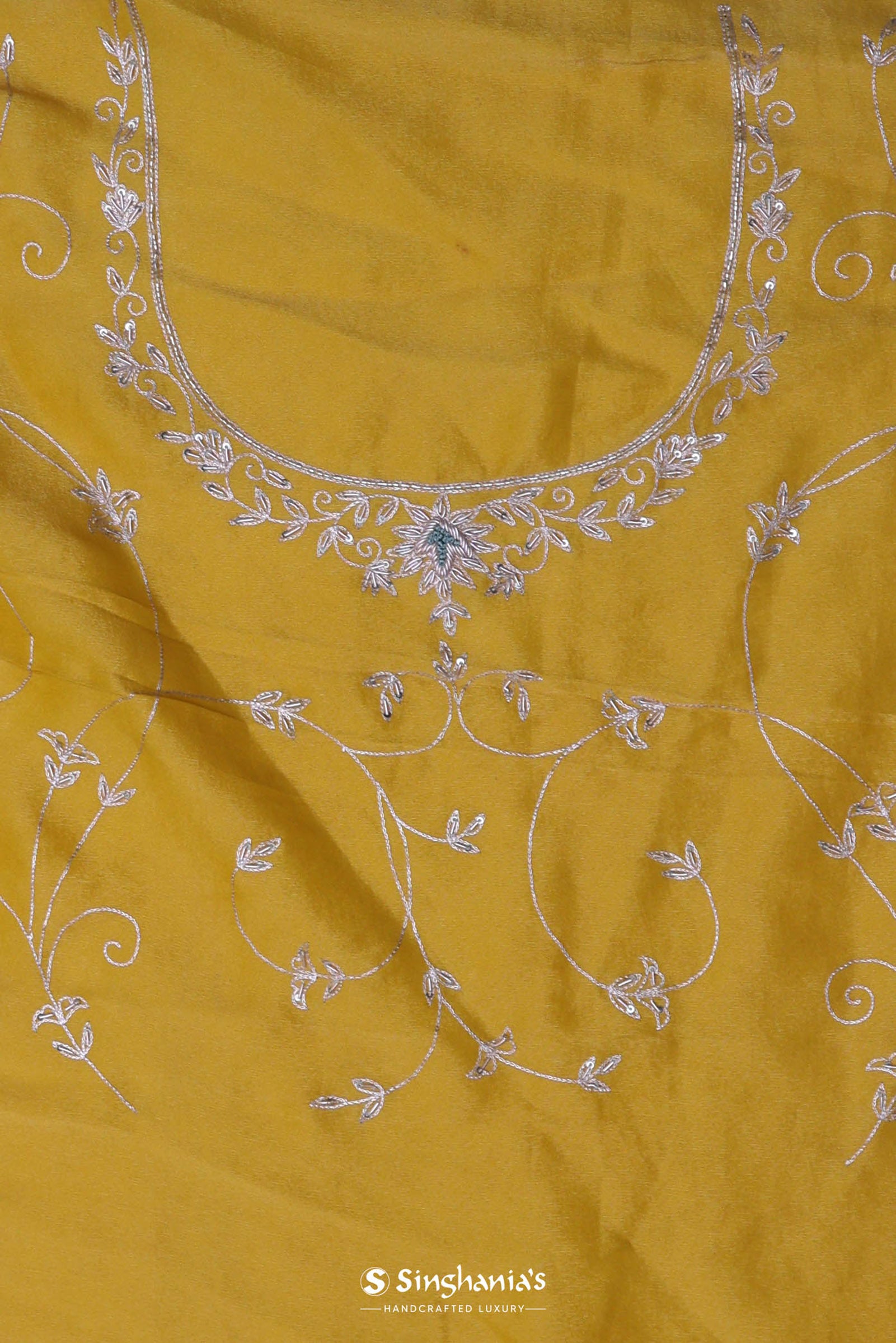 Bright Yellow Organza Embroidery Saree With Scallop Border