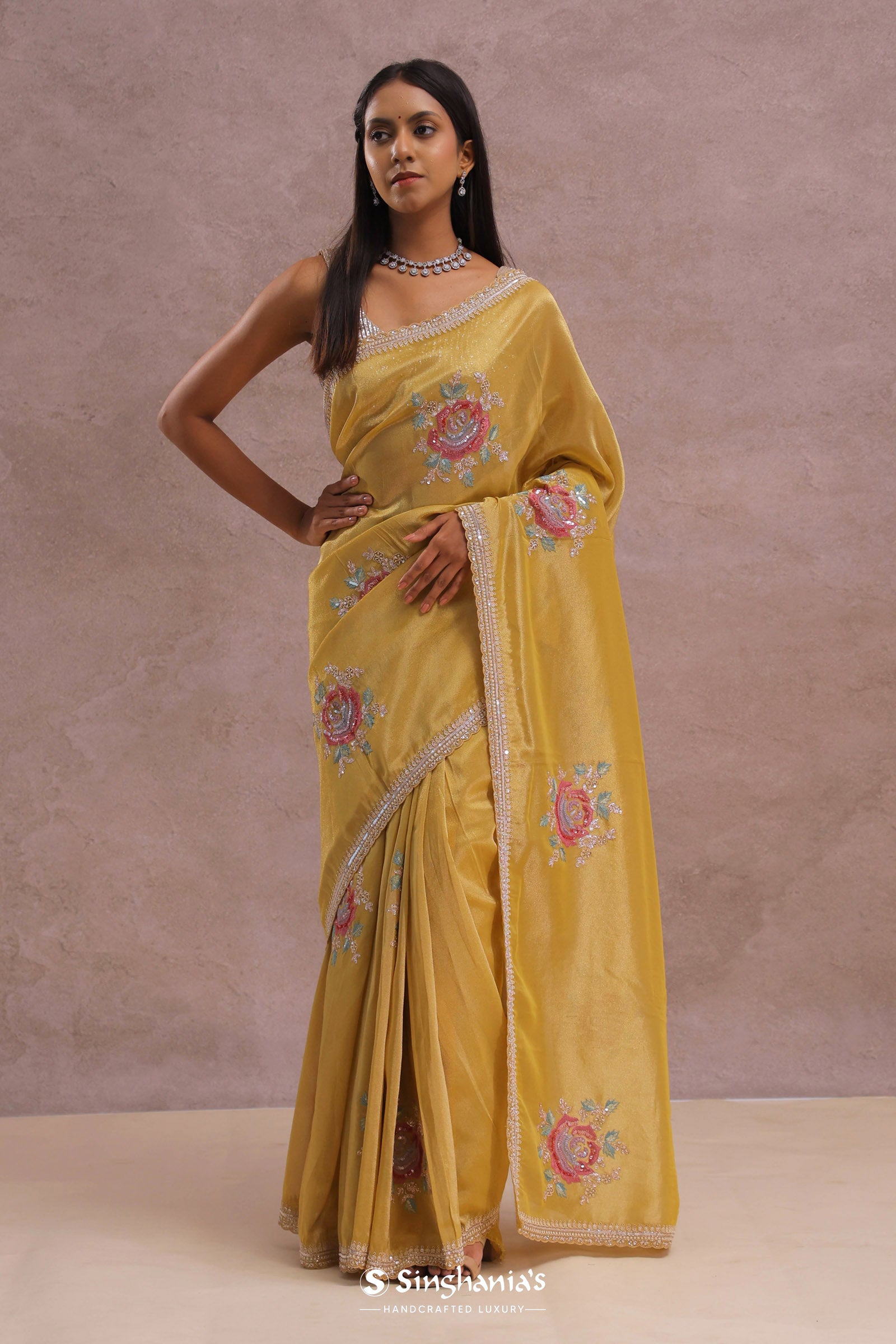 Granola Yellow Organza Embroidery Saree