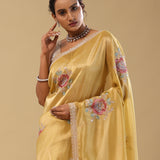 <img> Granola Yellow Organza Embroidery Saree