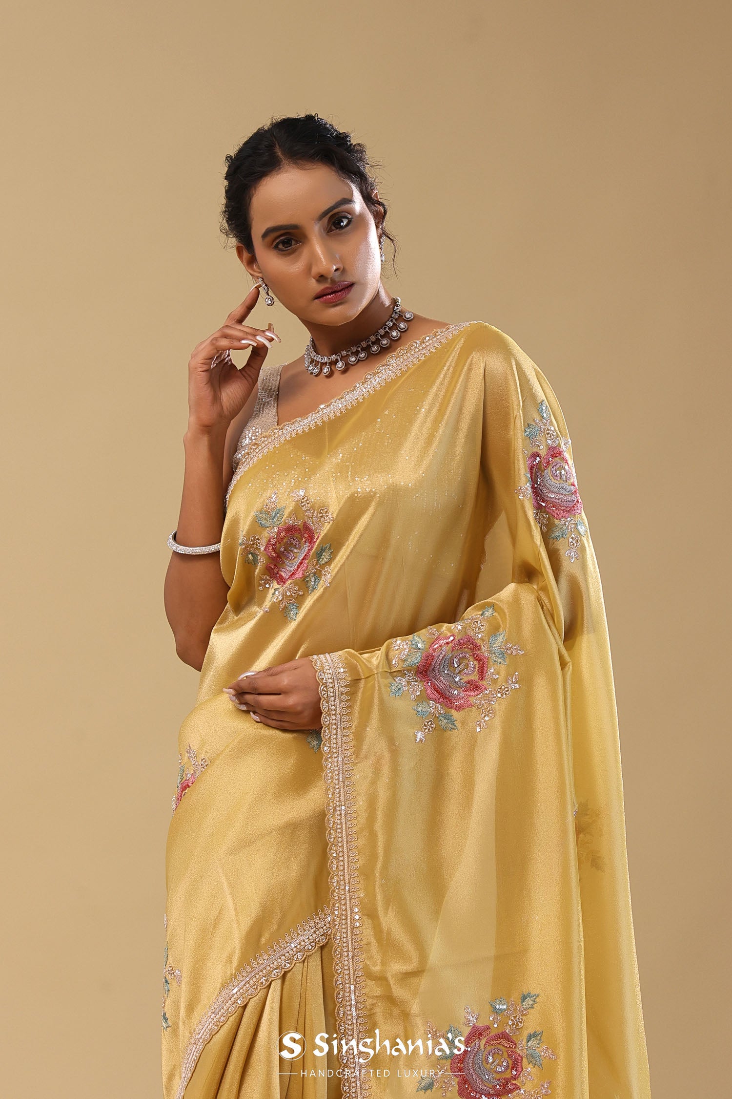<img> Granola Yellow Organza Embroidery Saree