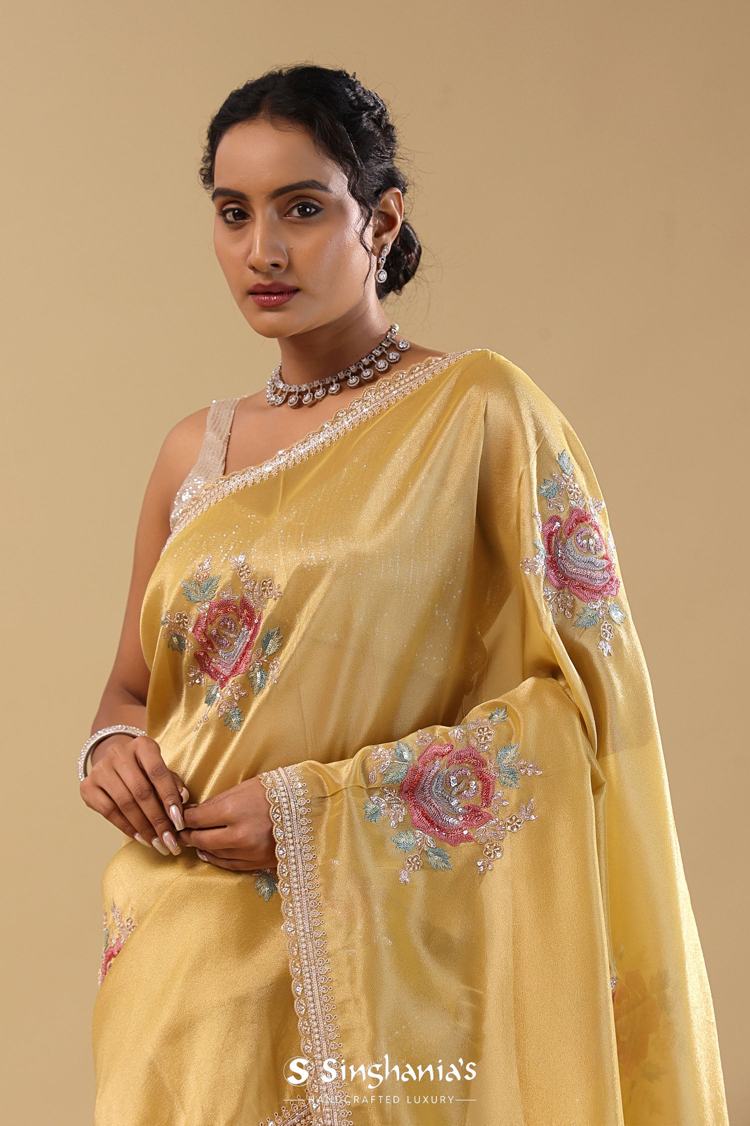 <img> Granola Yellow Organza Embroidery Saree