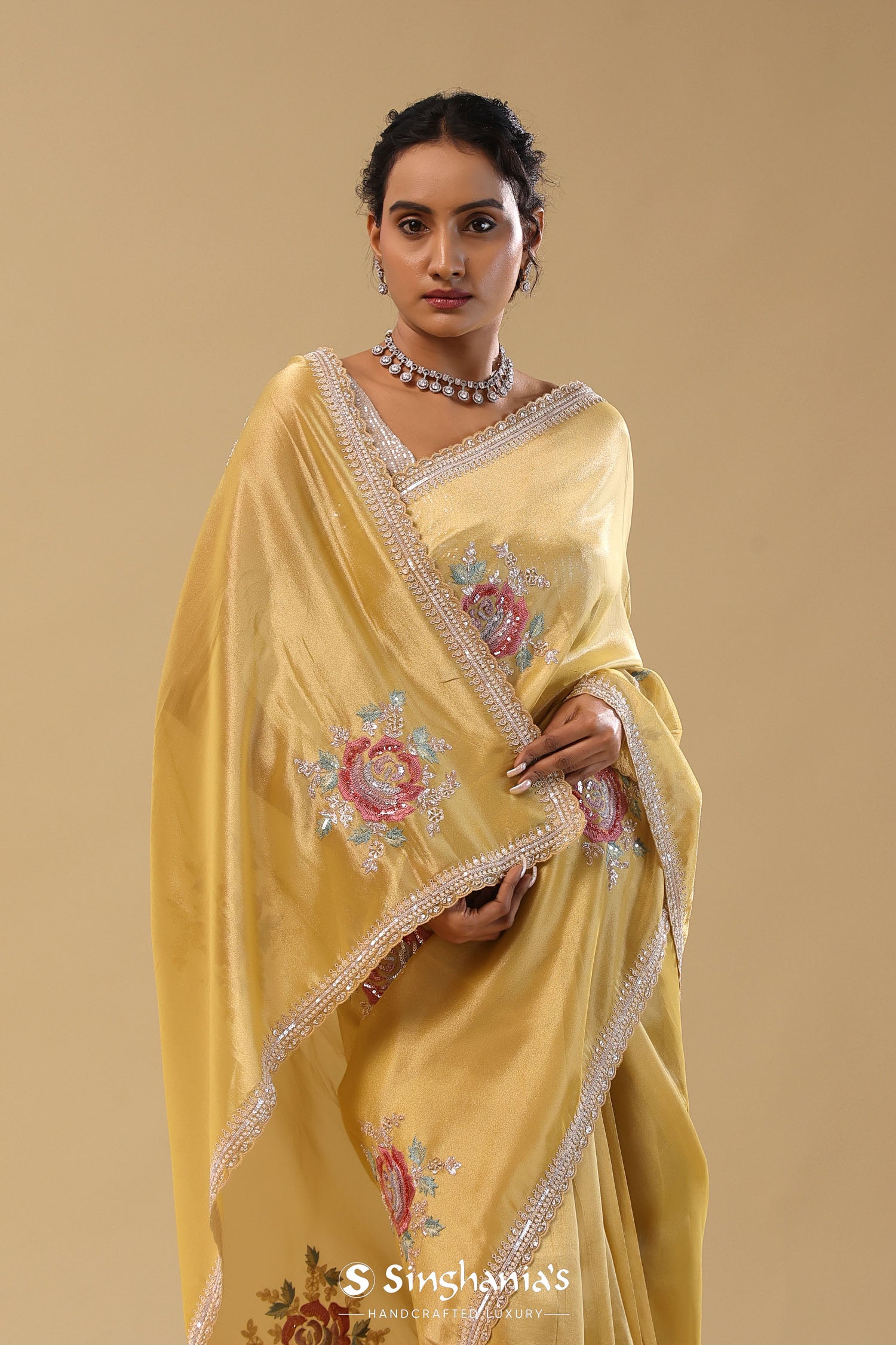 <img> Granola Yellow Organza Embroidery Saree