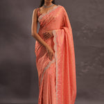 Cantaloupe Orange Organza Embroidery Saree With Scallop Border