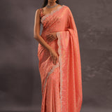 Cantaloupe Orange Organza Embroidery Saree With Scallop Border