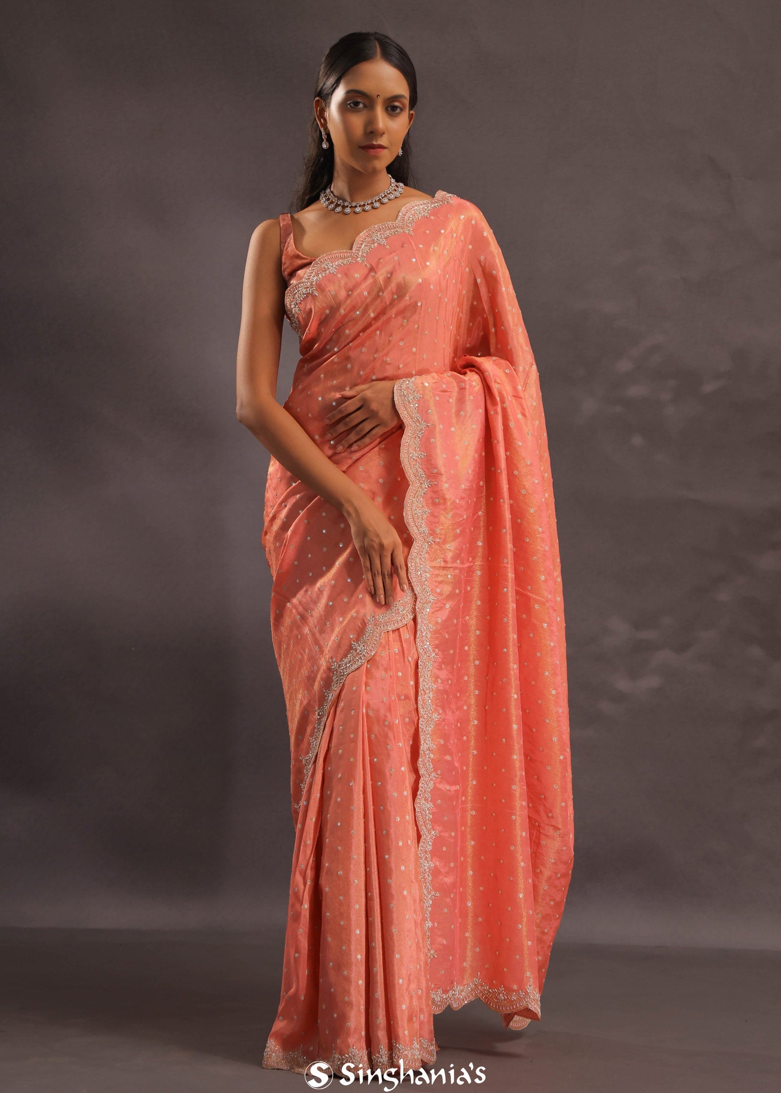 Cantaloupe Orange Organza Embroidery Saree With Scallop Border